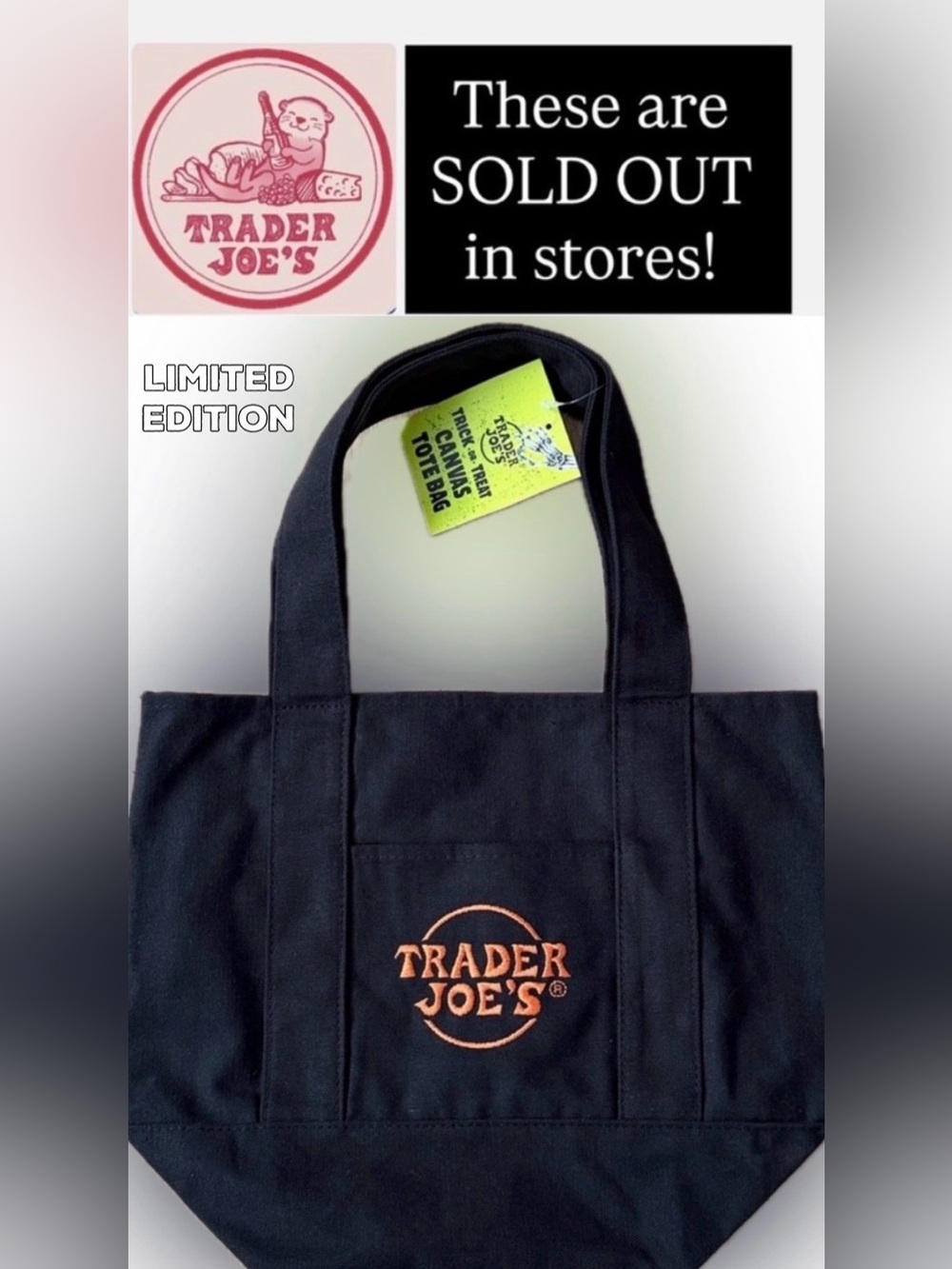 NEW! Trader Joe's Black Canvas Mini Tote with Orange Logo - 2025 🎃Holiday